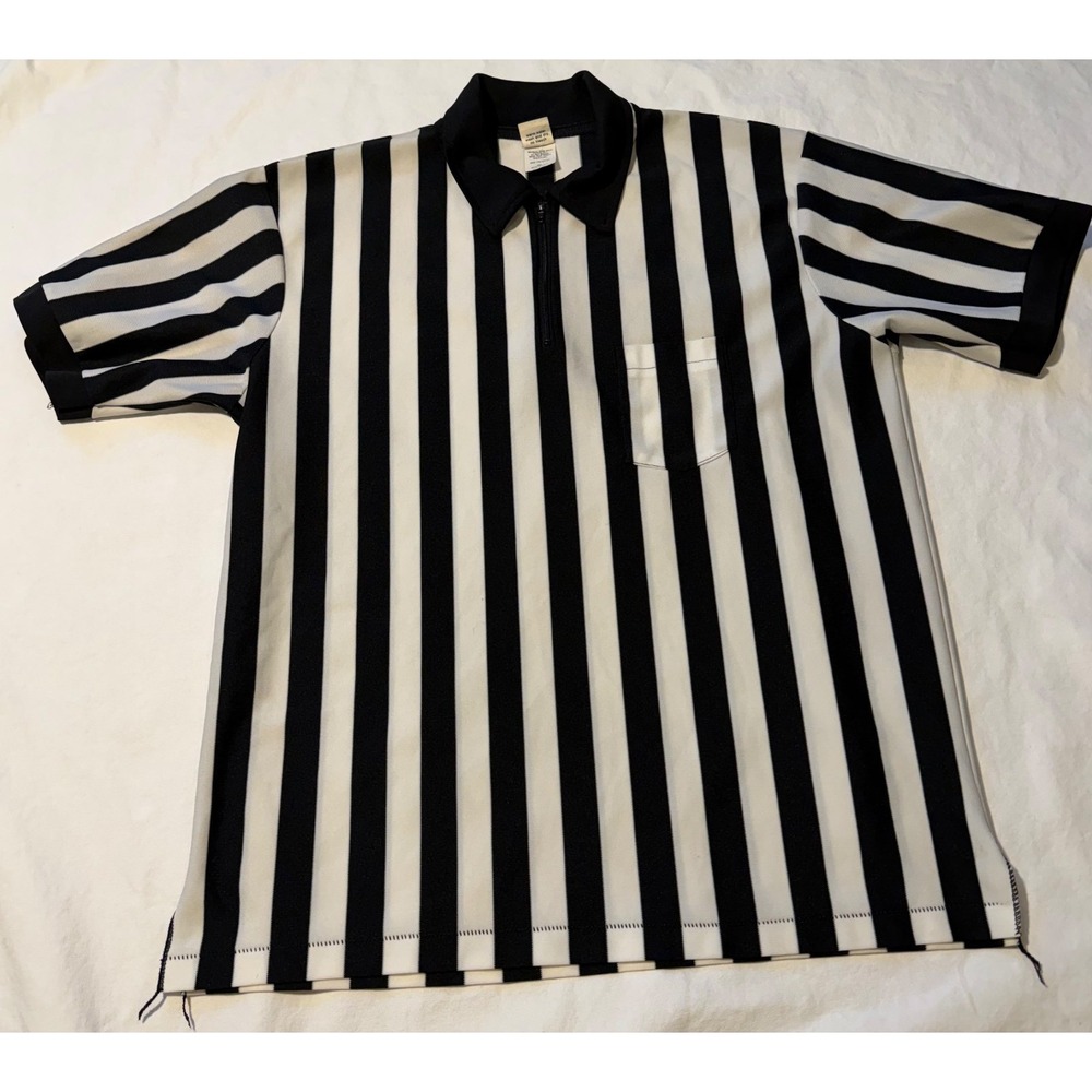 Vintage Cliff Keen Referee Shirt Mens XL Black White Stripe 1/4 Zip USA Made